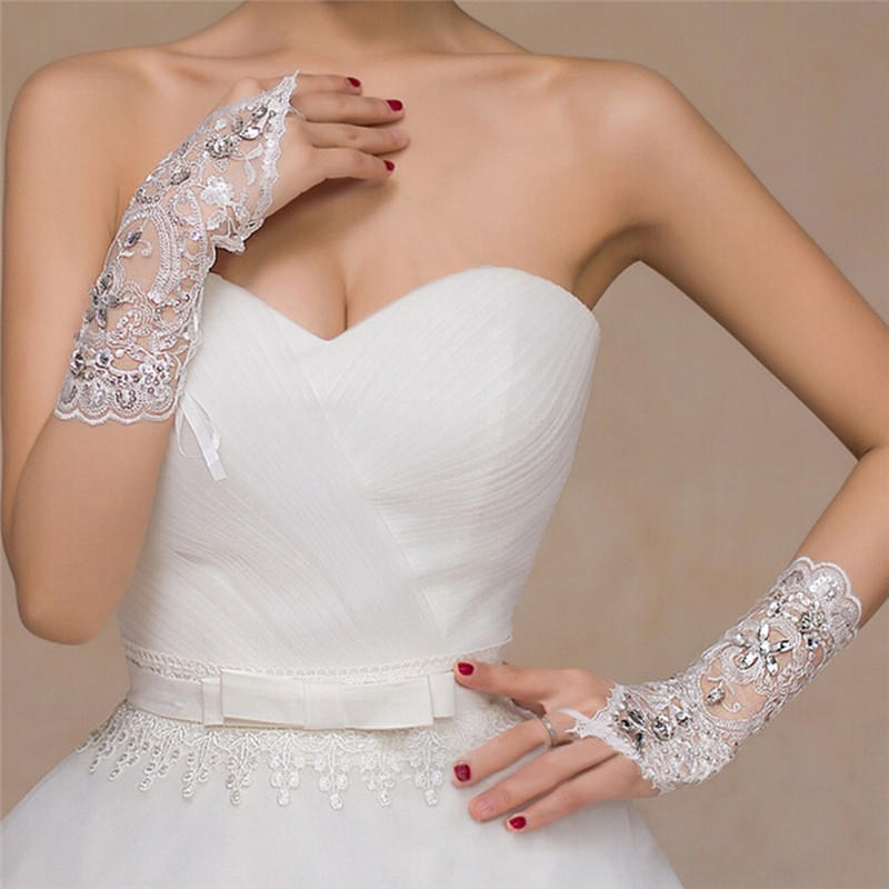Свадебные белые перчатки вышивка бисером короткие перчатки для невесты KTY