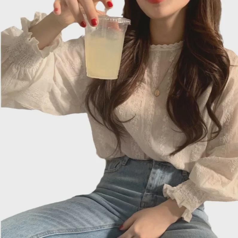 Korean Sweet Style Lace Lantern Sleeve Top for Women