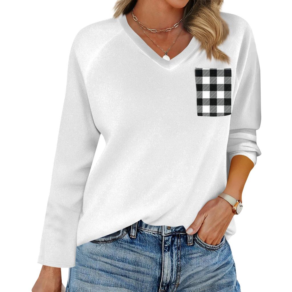 Женская футболка реглан с длинным рукавом, V-образным вырезом, вставками однотонного цвета, повседневный топ-пуловер, V-образный вырез, карман, базовая рубашка