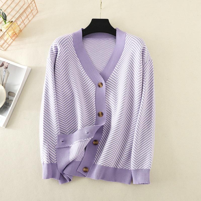 Autumn Women's Cardigan Sweater Women V-Neck Color Collision Loose Striped Sweater Jacket Long Sleeve Top