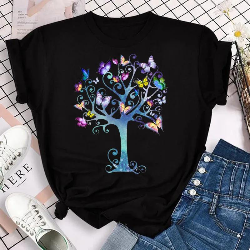 Women's Colorful Butterfly Petal Print T-shirt Short-sleeved Round Neck Cute Graphic Top