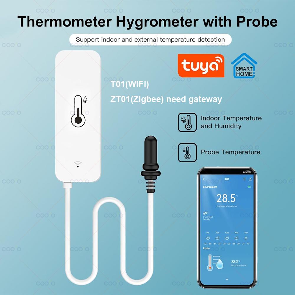 Tuya WiFi/ Zigbee Датчик температуры и влажности с внешним зондом для приложения Smart Life, Alexa, Google Assistant для морозильной камеры, аквариума