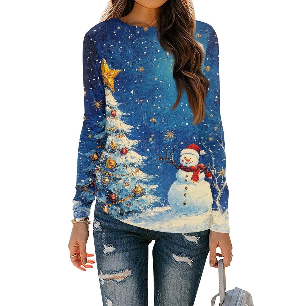 Женская мода круглый вырез пуловер с глубокими рукавами футболка с рождественским принтом топ
