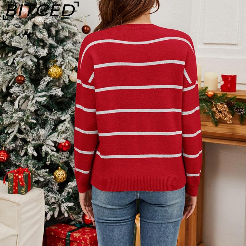 BITCED Knitted Base Layer Loose-Fit Sequined Embroidered Santa Claus Festive Striped Pullover