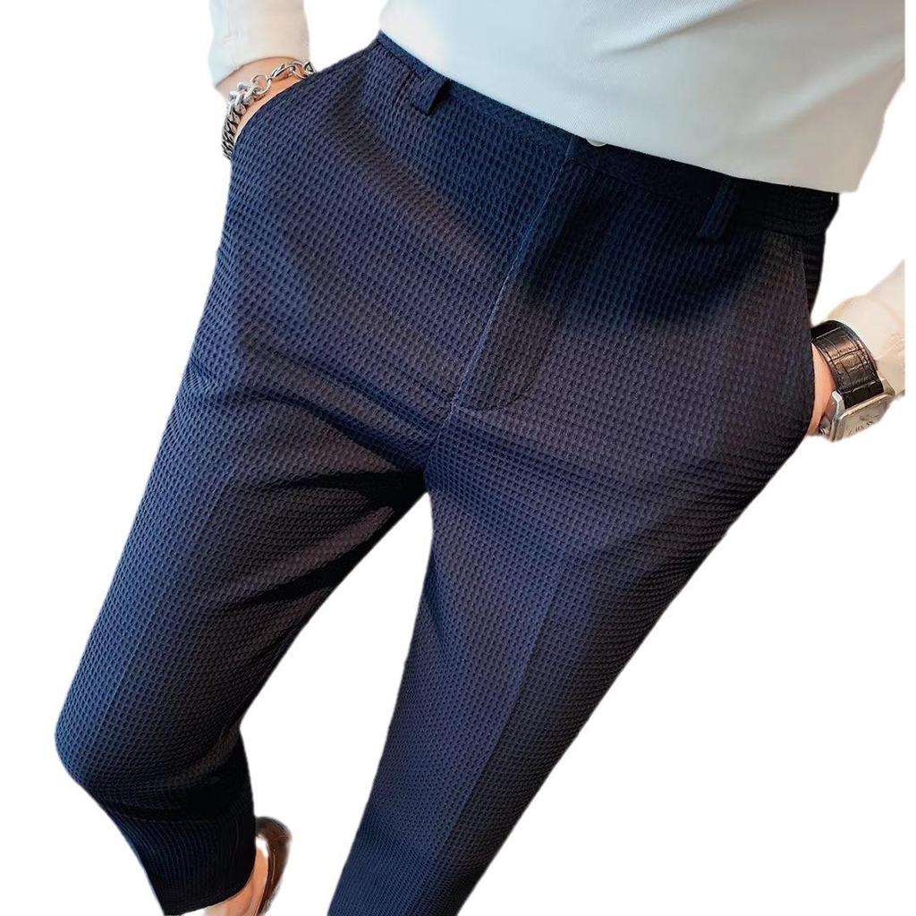 Мужские летние облегающие повседневные вафельные брюки - легкие, не требующие глажки деловые брюки