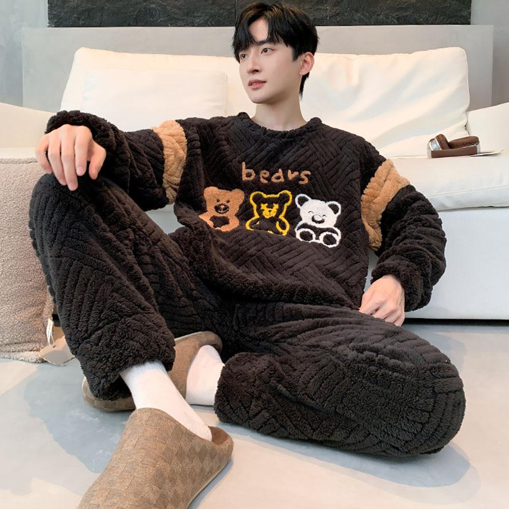 Мужской зимний пижамный комплект из утепленной фланели, теплая плюшевая пижама с рисунком медведя из мультфильма, удобная пижама с круглым вырезом для сна