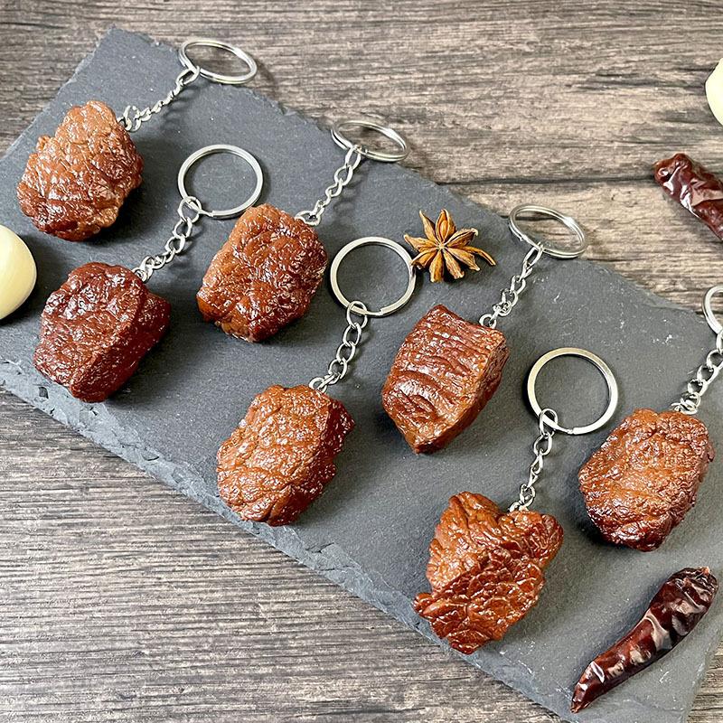 Simulation Beef Block Beef Keychain Imitation Food Pvc Beef Cubes Keyring Food Model Simulation Food Keychain Jewelry