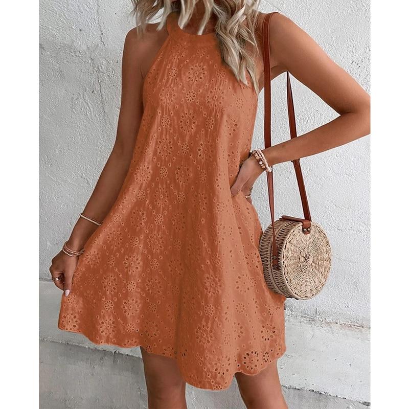 Vintage Floral Hollow Out Sleeveless Dress Women Halter Elegant White Dresses Summer 2023 Solid A Line Short Dress Women 27749