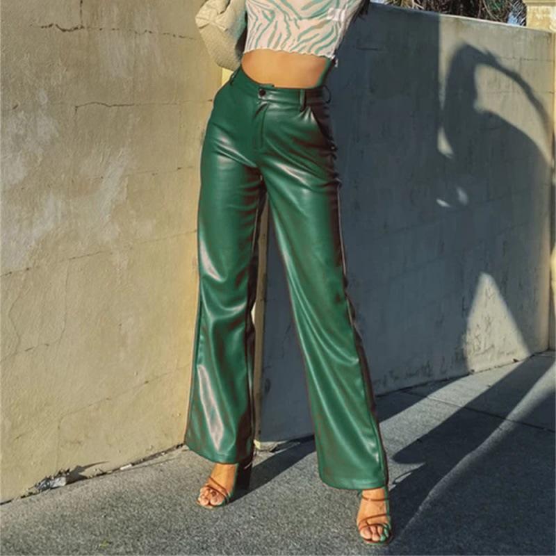 Women Solid Fashion Faux Leather Pants Slim Casual Trousers
