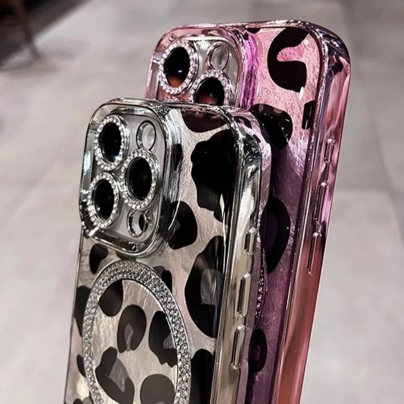 Для iPhone 16 Pro Max Роскошный чехол Magsafe Magnetic Flash Diamond Leopard Print для iPhone 11 12 13 14 15 16 Pro 14 15 16 Plus с защитой объектива
