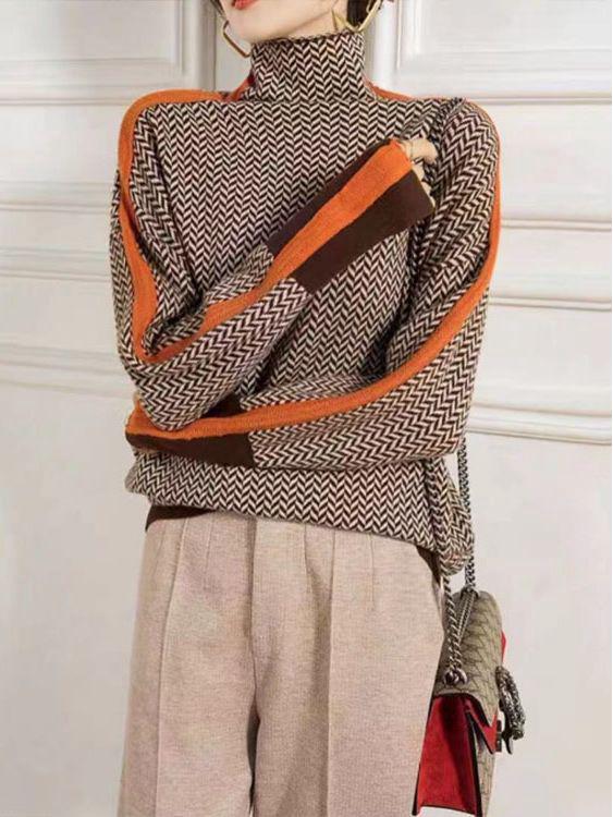 Женский ретро-кашемировый свитер — свободный крой, высокий ворот, контрастный цвет, осень/зима
