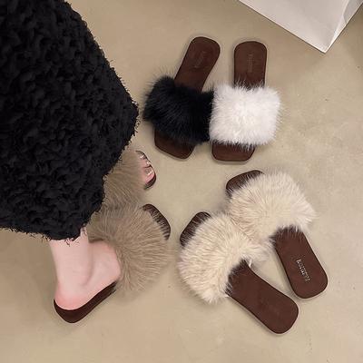 Модная обувь Женская 2025 Тапочки Повседневные Низкие Меховые Шлепанцы Pantofle Зимняя Обувь Роскошные Плюшевые Плоские Новые Слайды Женская Обувь Плюшевые Сли