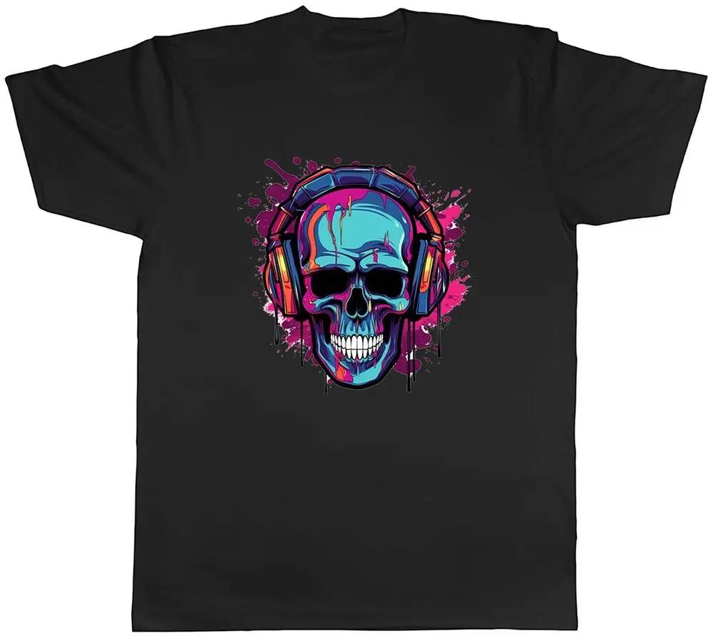 Skull Headphones Mens T-Shirt DJ Music Head Gothic Unisex Tee Gift High Quality 100%Cotton Short Sleeve