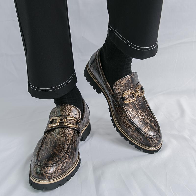 Golden Print Man Dress Shoes Pointed-toe Designer Men Business Shoes Anti-slip Platform Formal Leather Shoes Zapatos De Vestir