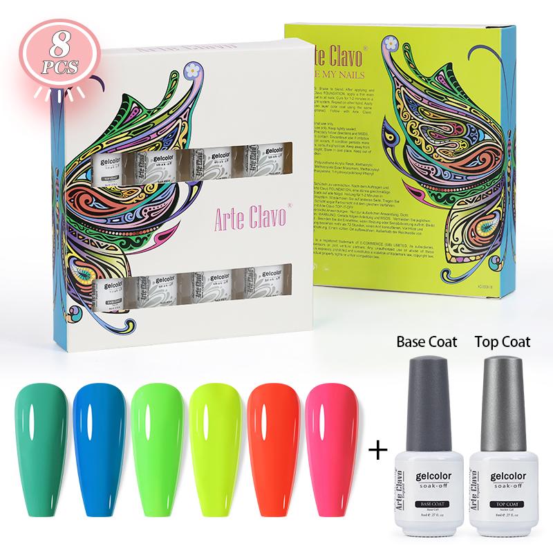 Arte Clavo 8 бутылок/набор, высококачественный блестящий гель-лак для ногтей для маникюра, гель-лак для дизайна ногтей, верхнее базовое покрытие, лак