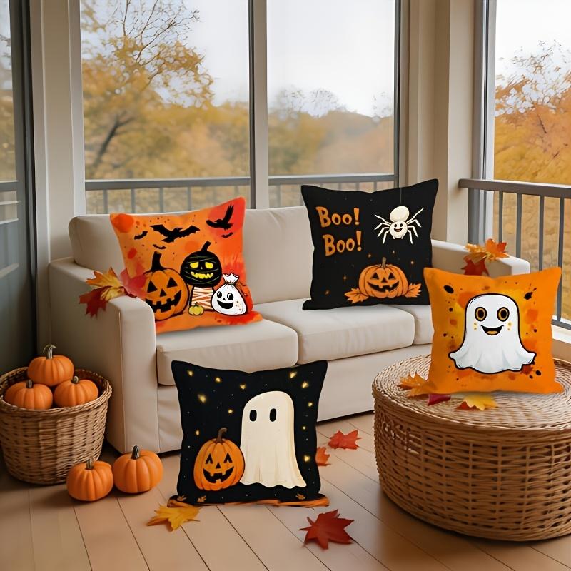 4 Pcs Halloween Pillow Covers, Double-Sided Pumpkin Bat Spider Print, Zipper Closure, Machine Washable Sofa Party Decor