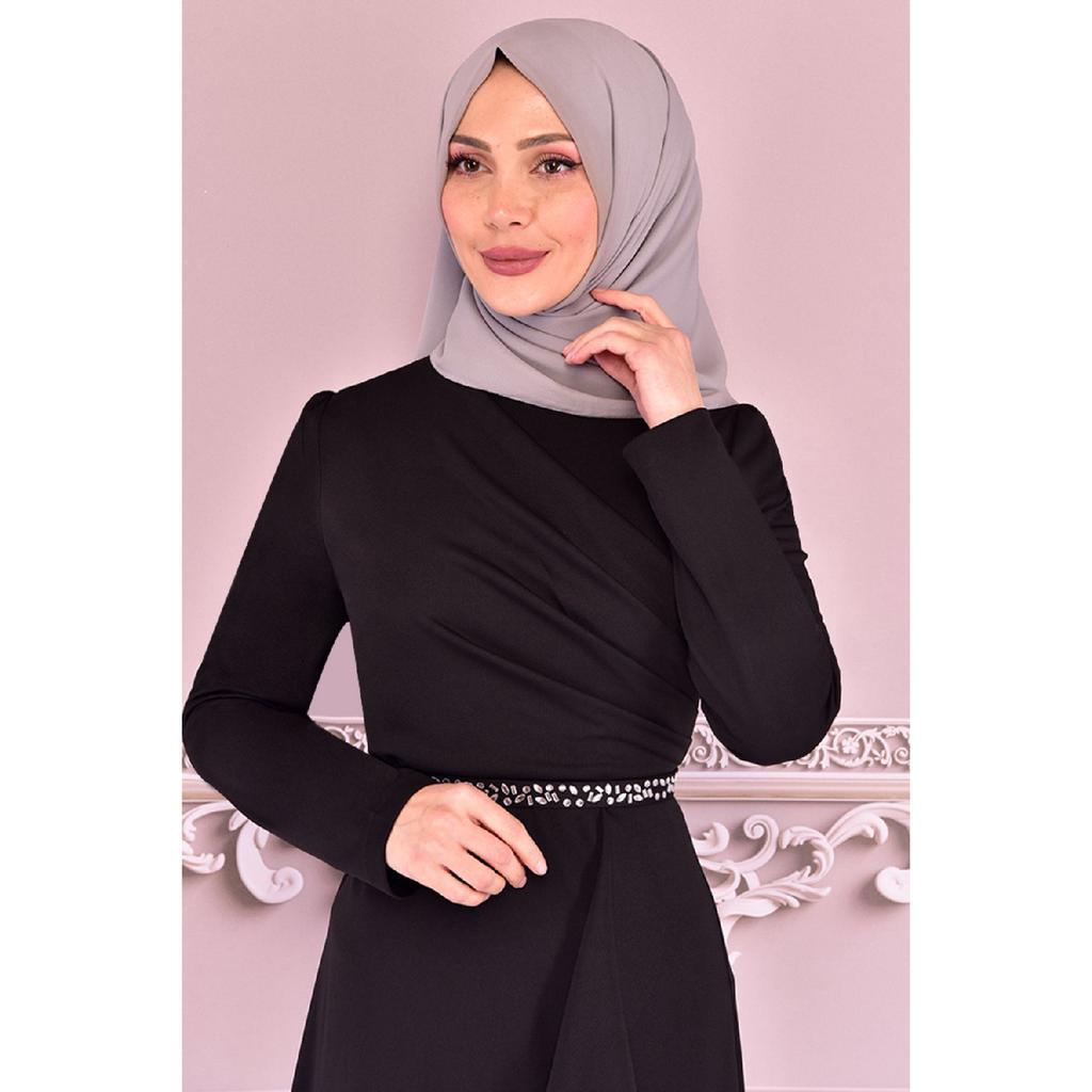 Women's Clothing Evening Dress Fashion Skirt Flounced Belt Stoned Hijab Evening Dress 2497 Black