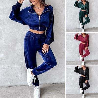 Комплект из 2 предметов: пальто и брюки, отложной воротник, длинный рукав, эластичный подол, золотистый бархат, куртка с высокой талией, брюки с резинкой на щиколотке, спортивный костюм для фитнеса