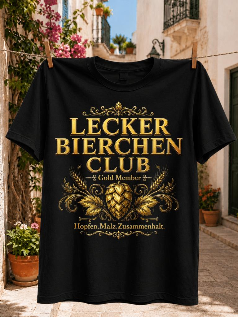 Ornate Graphic With Golden Hop Wheat Flourishes And Lecker Bierchen Club Gold Member Front Print Unisex All Tshirt
