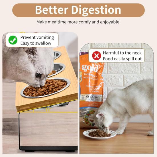 Деревянная подставка для кормушки с 3 мисками из нержавеющей стали, нескользящая маленькая и средняя миска для кошек и собак, наклоненная с поднятой водой, миска для кормления, товары для домашних животных