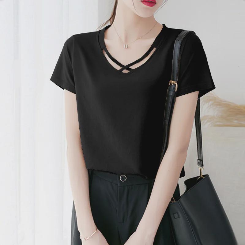 Женский летний топ 2024 года с V-образным вырезом, короткими рукавами, в корейском стиле, с перекрестным вырезом, однотонный