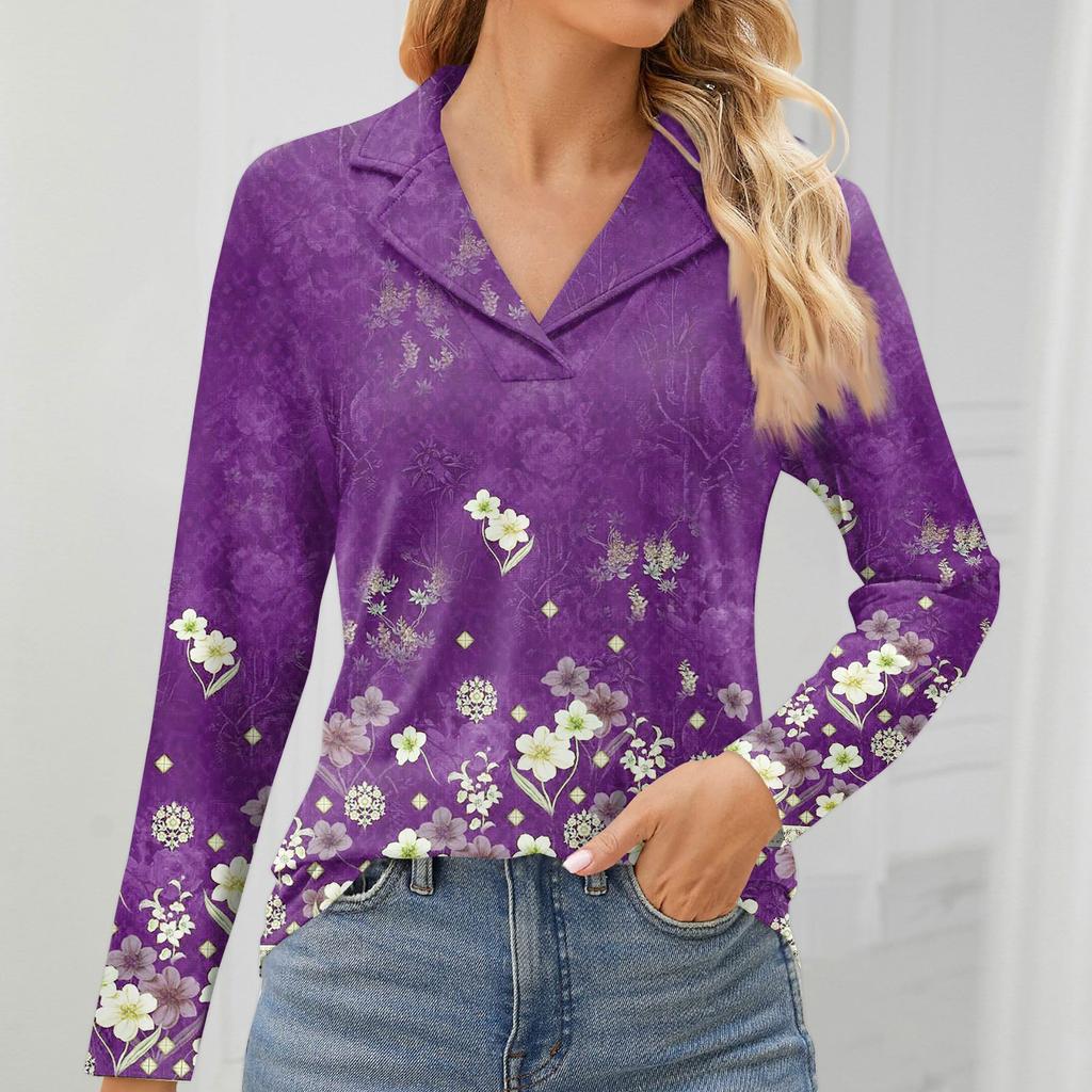 Женская мода для отдыха с длинным рукавом и V-образным вырезом с цветочным принтом