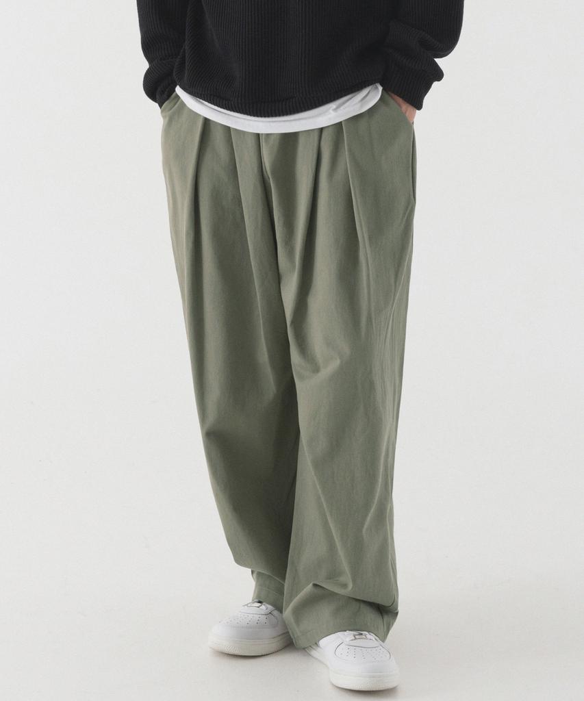 PIANER Pleated Wide Elastic Cotton Pants (Light Khaki)