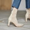 High Heel Suede Boots Women's Korean Style Autumn and Winter Mid Heel Stretch Thin Boots Pointed Toe Back Zip Sock Boots Women