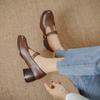 Teahoo Retro Mary Jane Women's T-Strap French Thick Heel Square Toe Black Leather Shoes