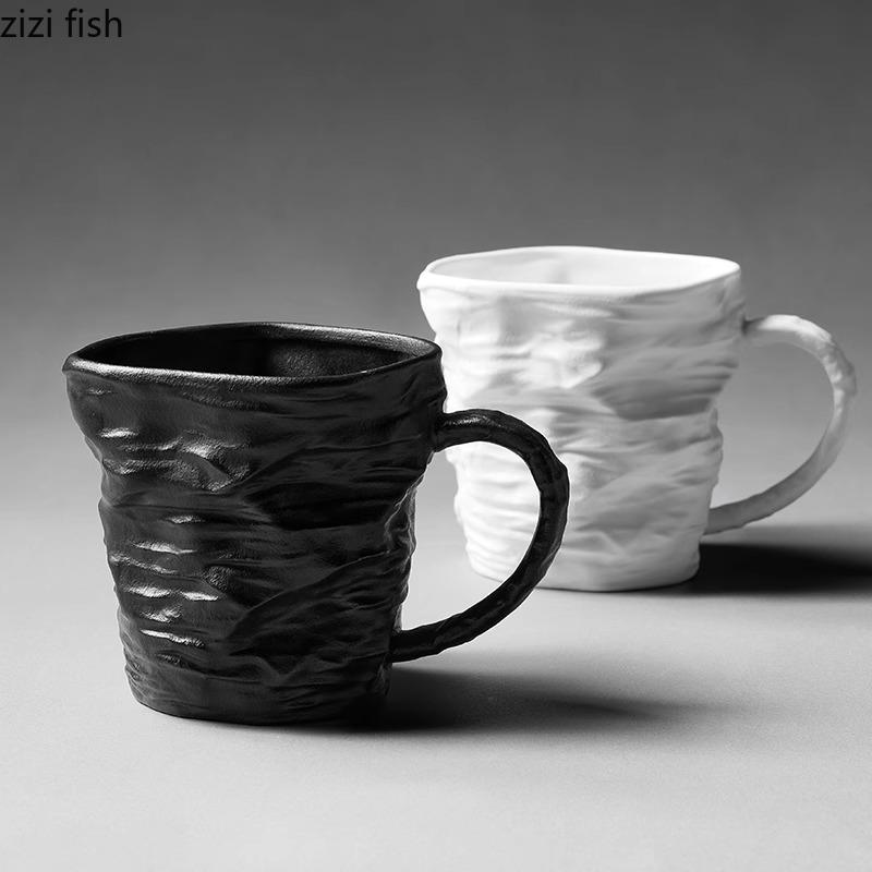 Folded Texture Ceramic Mug Creative Black and White Coffee Mug Milk Mug Office Water Cup Tea Cup Household Couple's Cups