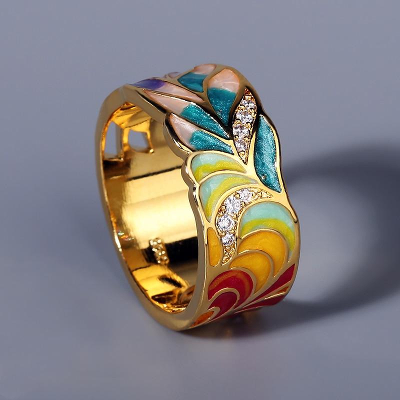 Ladies Silver Ring 925 Silver Plated Fashion Ring Golden Color Feather Zircon Ring Party Jewelry Enamel Handmade
