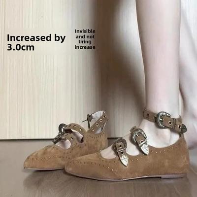 Модные ретро туфли Мэри Джейн на плоской подошве с острым носком и увеличением высоты, из мягкой кожи, женские, коричневые, с ремешком на заклепках, полуоткрытые, с открытым носком, одинарные