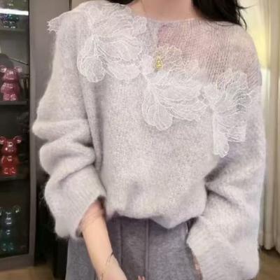 Женский свитер с французским кружевом и ажурными цветами на осень и зиму, ленивый свободный трикотажный топ для женской одежды