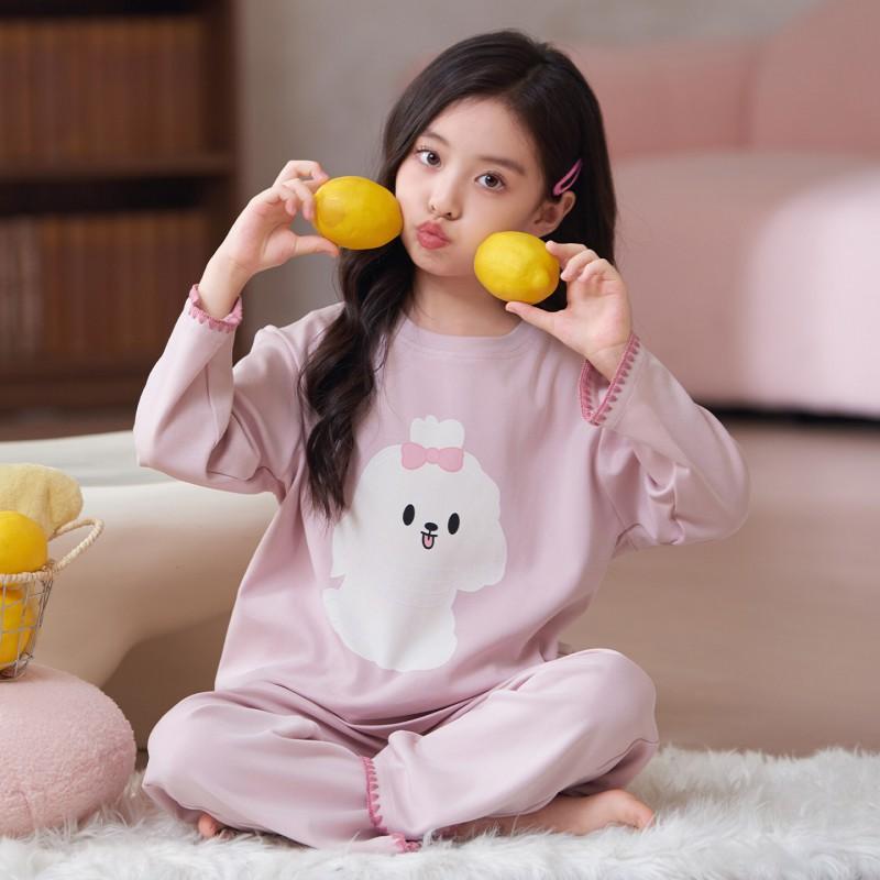 100% Cotton Girls Pajama Set Long Sleeve Round Neck Thin Home Wear Kids 8 Years