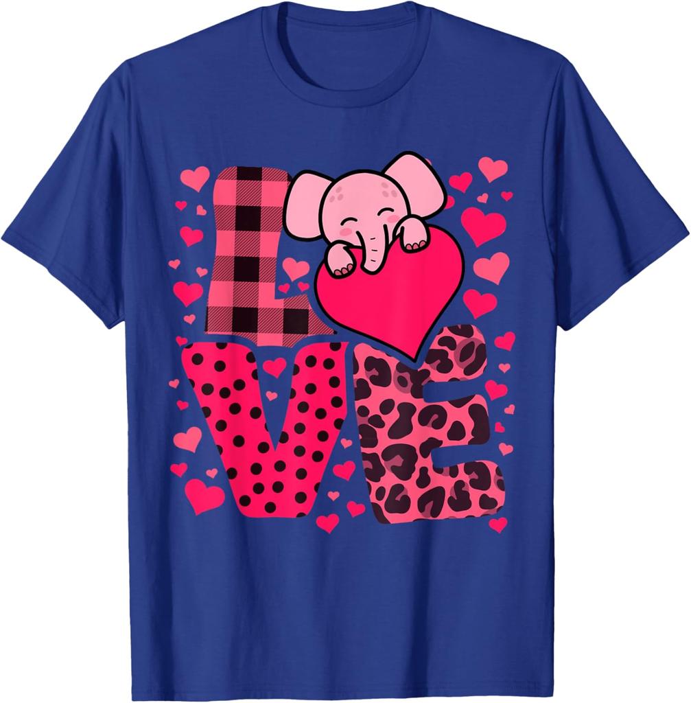 Cute Elephant Love Hearts Valentines Day Graphic Tee Soft Breathable Casual T-Shirt