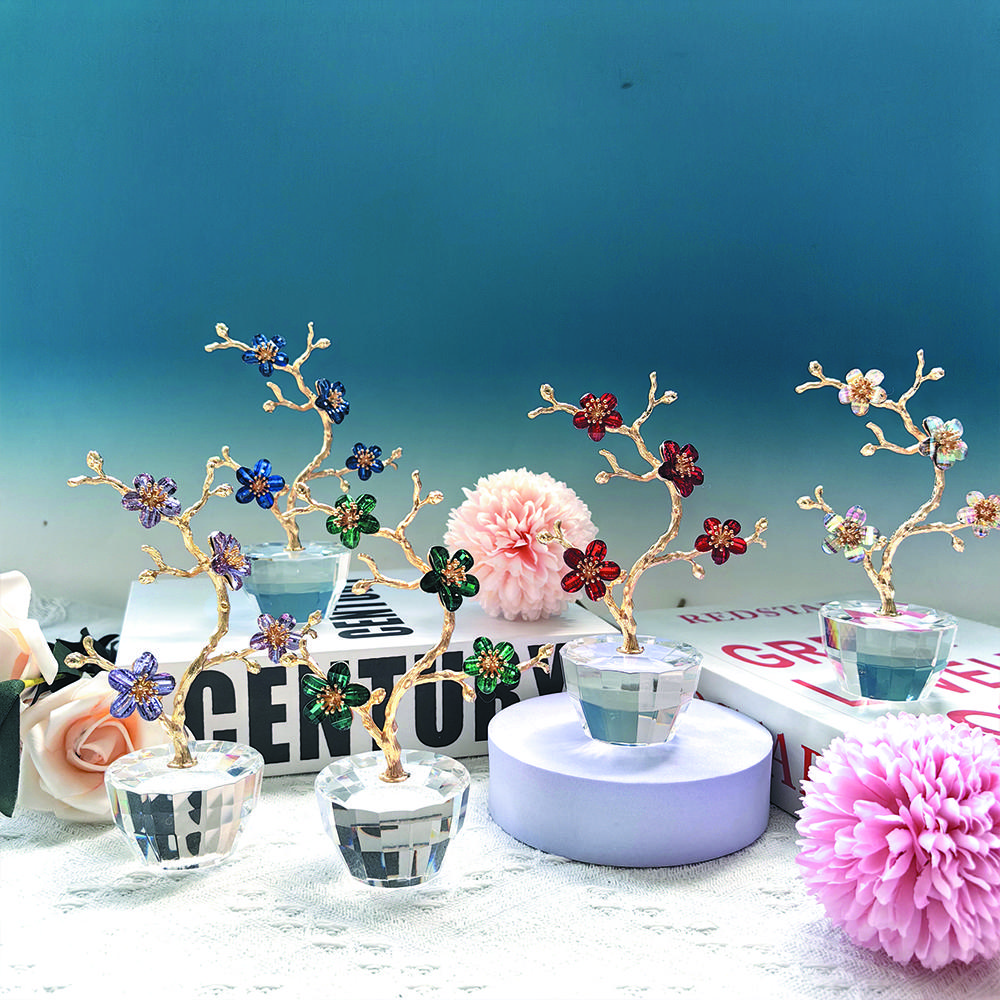 K9 Crystal Plum Flower Ornament with Pot Base Glass Artificial Simulation Flower for Home Wedding Party Decor Souvenir Gift