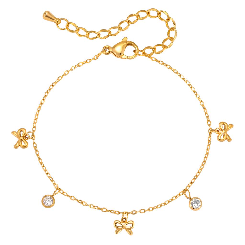 Bow Bracelet for Women 18K Gold Plated Non-Tarnish Waterproof Stainless Steel Dainty CZ Jewelry Minimalist Stackable Ribbon Gift
