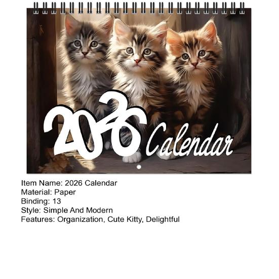 Kitten Cat Calendar Jan.2026 - Dec.2026 12 Month Wall Calendar