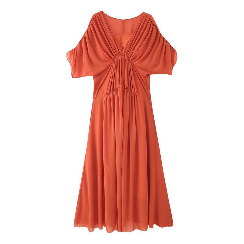 Kaslead New Women Clothes Western Style Two Colors Pleat V-neck Design Sense Dress 2627219