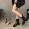 Thick Heel Square Head Black Thin Boots Short Boots Women's Shoes 2024 New Spring and Autumn Single Boots Brown Small Naked Boots