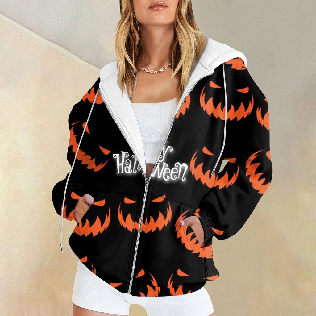 Women's Fashion Casual Halloween Printed Sweatshirt Autumn Winter Long Sleeve Cardigan With Pockets Zipper Hoodie Jacket