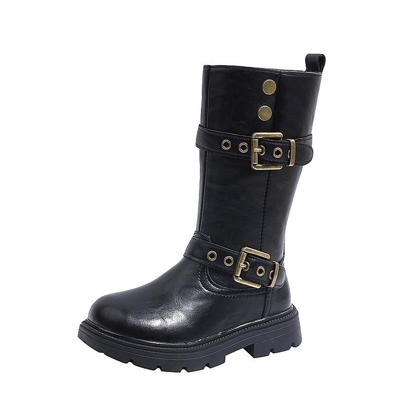 Girls Winter Chunky Sole Riding Boots With Double Buckles British Style Mid-Calf Warm Lined Faux Leather