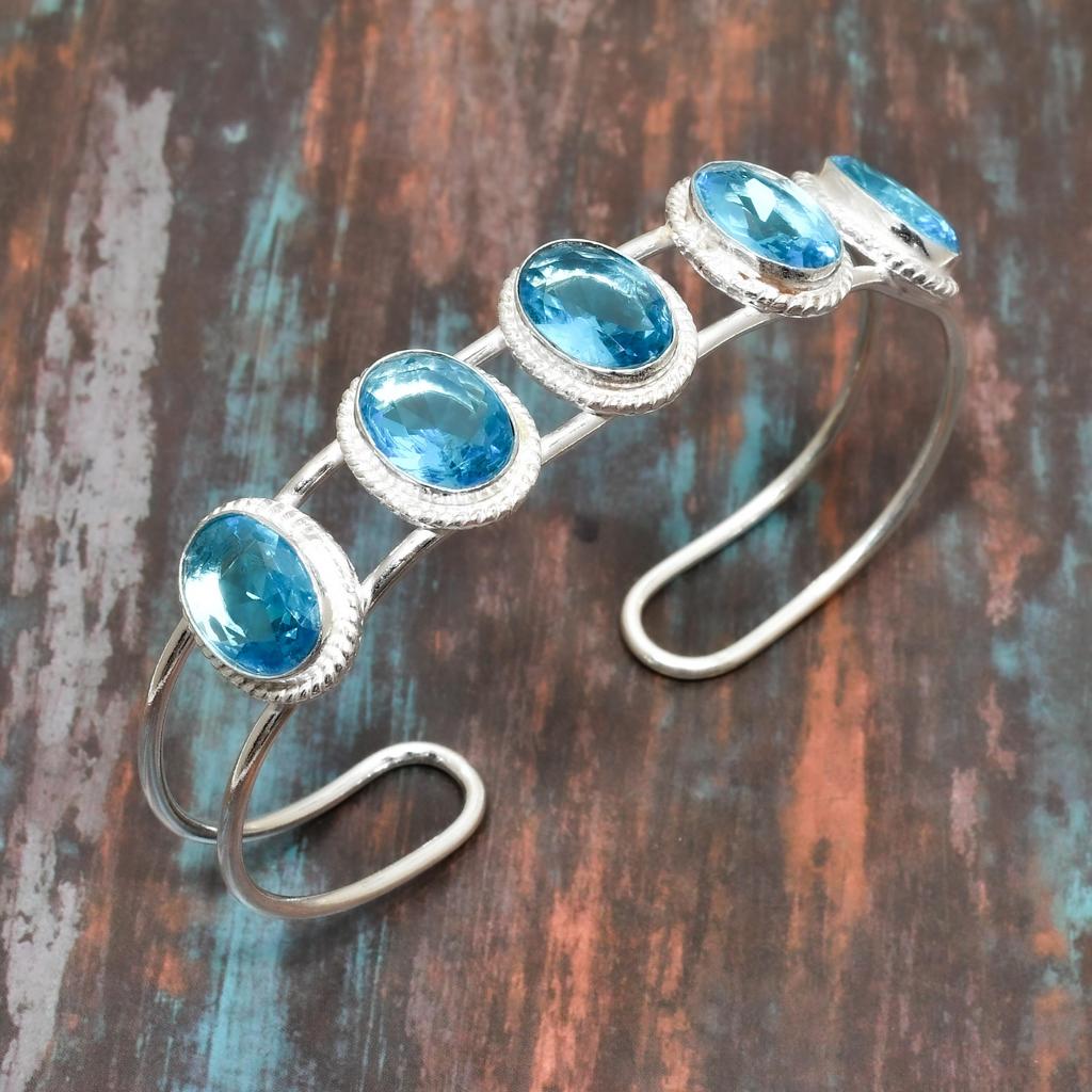 Регулируемый браслет из стерлингового серебра 925 пробы, швейцарский голубой топаз, драгоценный камень ручной работы