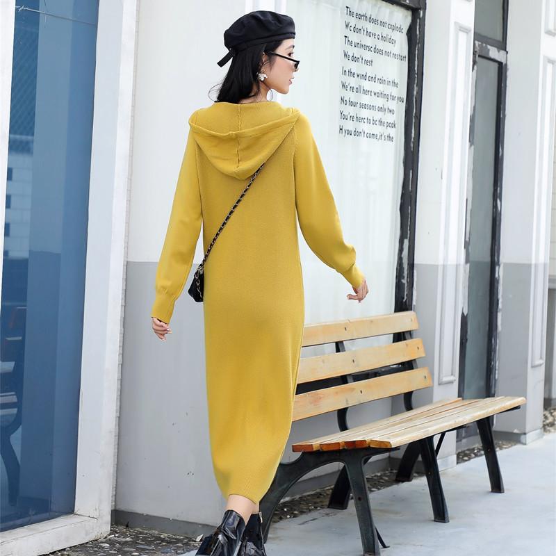 Женское длинное платье-свитер с капюшоном, однотонное, с длинным рукавом, прямое, черный, абрикосовый, хаки, кофейно-желтый