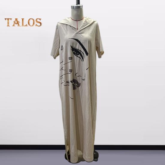 Женское платье с принтом лица, свободное платье с капюшоном и шнурком в богемном стиле с короткими рукавами, городской стиль, пуловер с разрезом по краю и боковым карманом, платье миди длиной до середины икры