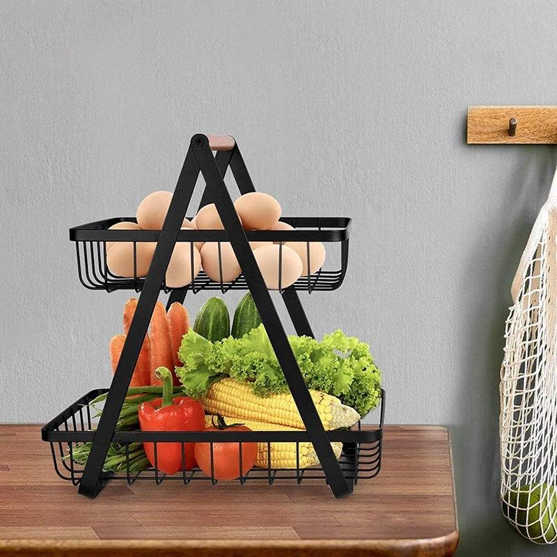 2 Tier Fruit Basket Bowl for Kitchen Counter,Bread Vegetable Fruit Basket Bowl Stand,Detachable Metal Basket Storage