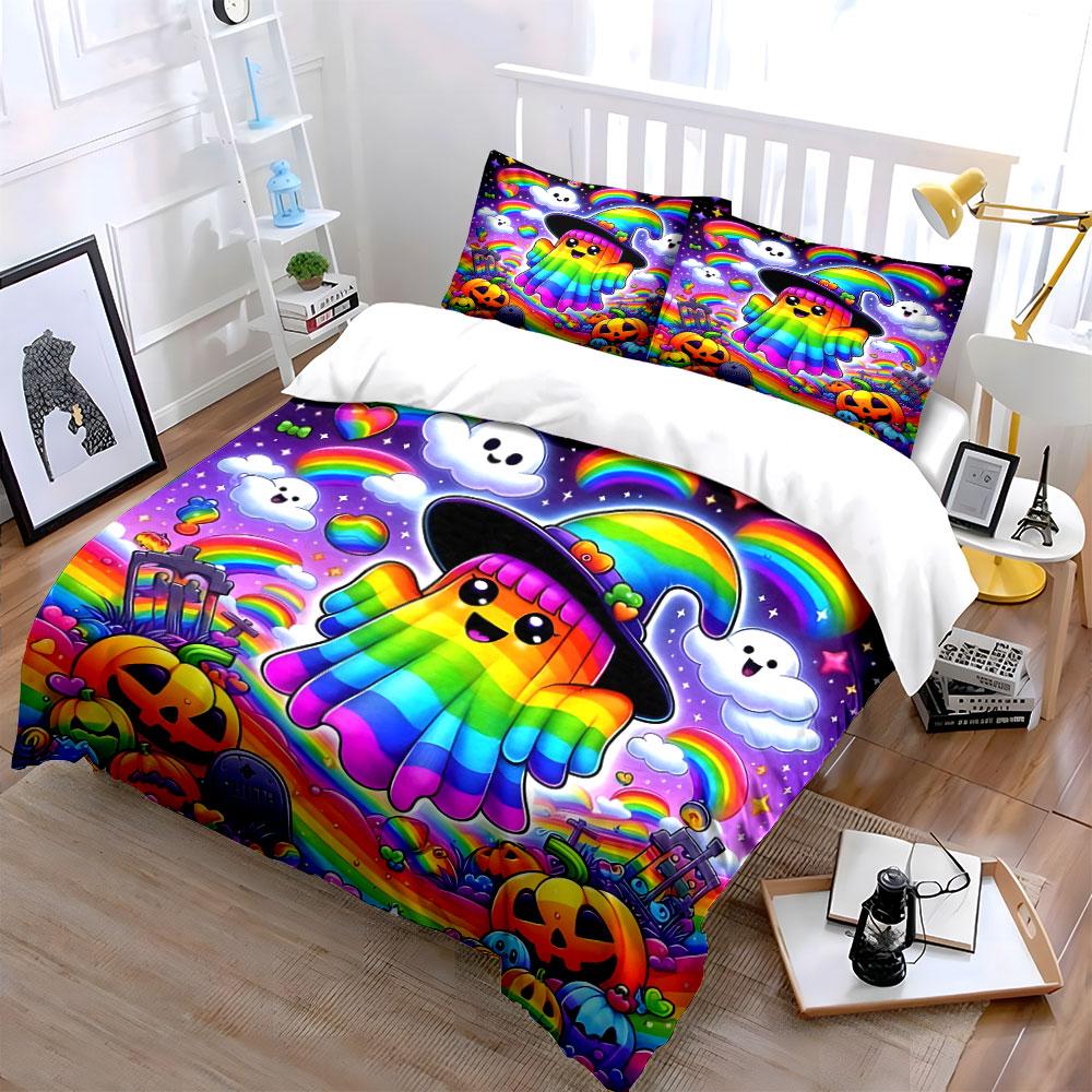 Rainbow Ghost Witch Design Set Bedding Duvet Cover Set Duvet Cover Pillowcases  (1*Duvet Cover 2*Pillowcases, without duvet insert)