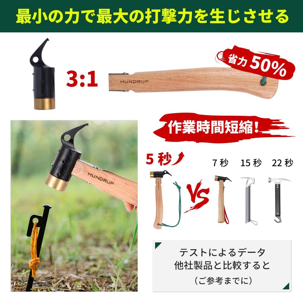 [Усиленная латунная головка] молоток для колышков HUNDRUP с латунной головкой, деревянная ручка, удобно лежит в ладони, безопасное забивание колышков, хранение