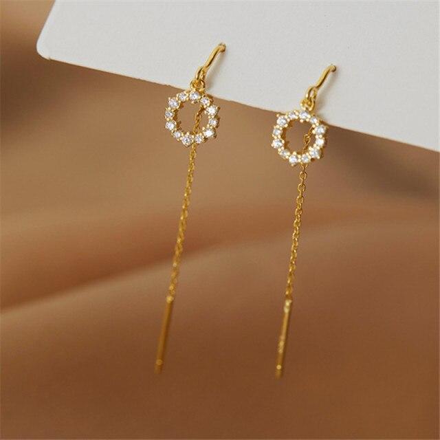 925 Sterling Silver Crystal Round Long Chain Stud Earring For Women Girls Wedding Jewelry Pendientes Accessories Eh1426