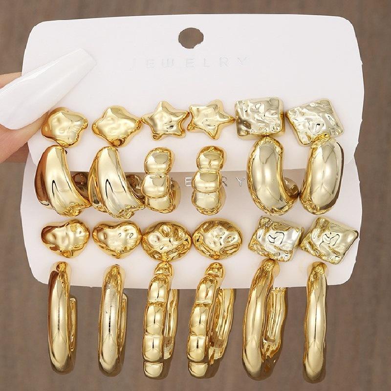 Elegant Vintage Jewelry Set for Women Gold Color Necklaces Earrings Irregular Rings Bead Bracelet Daily Wear Jewelry Gift No Box